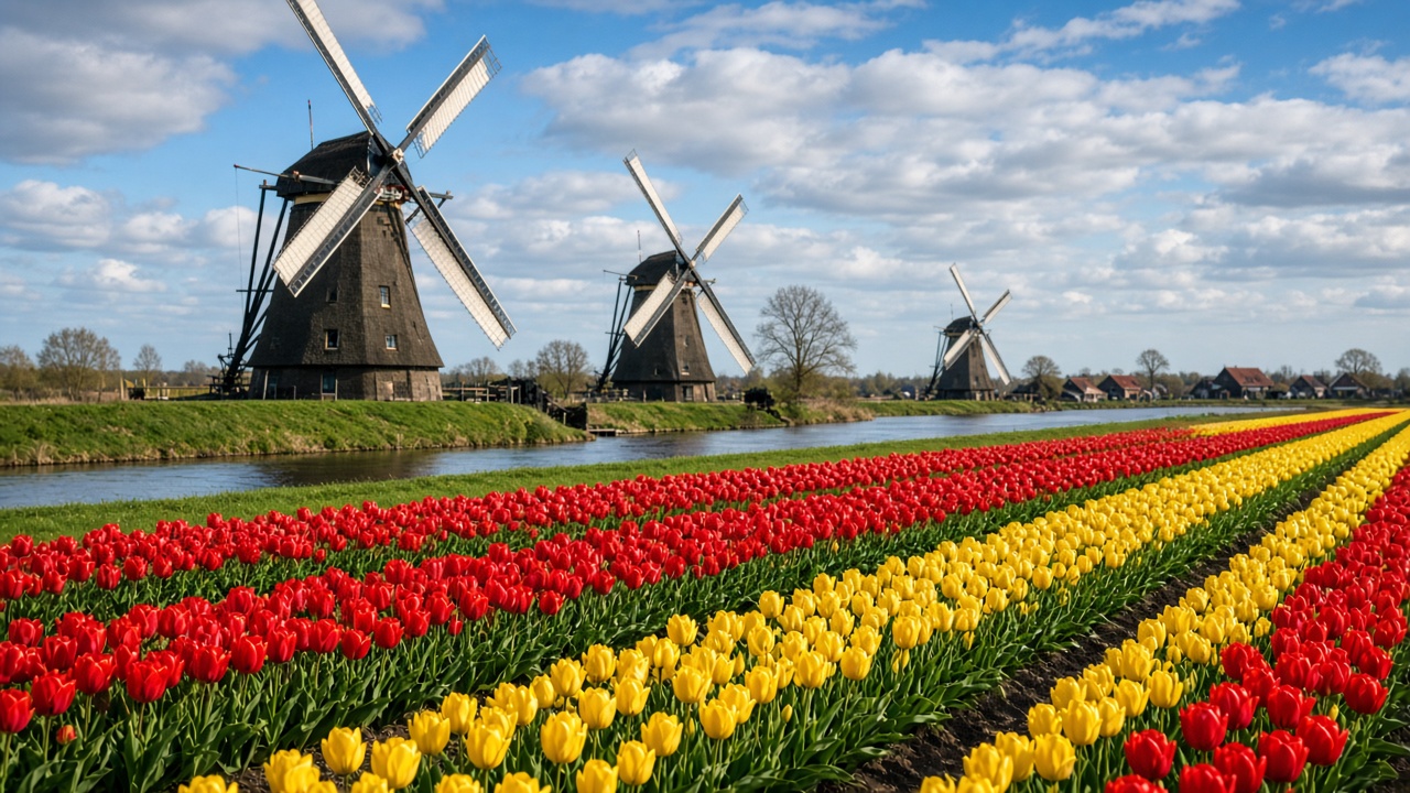Tulip fields and windmills in the Netherlands