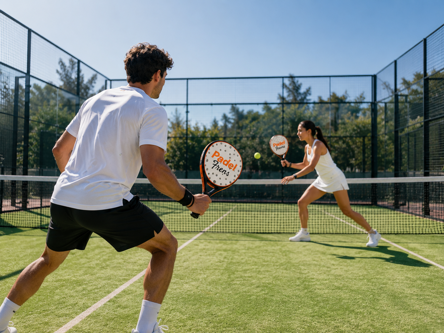 Two people playing padel with Padel Frens rackets