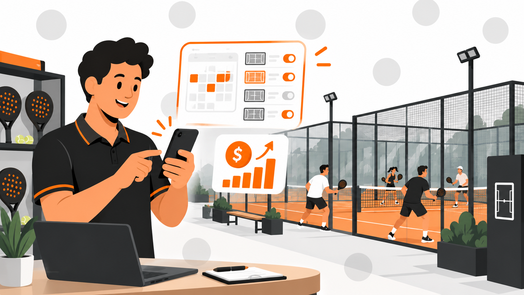 A padel club manager booking courts and tracking revenue on Padel Frens
